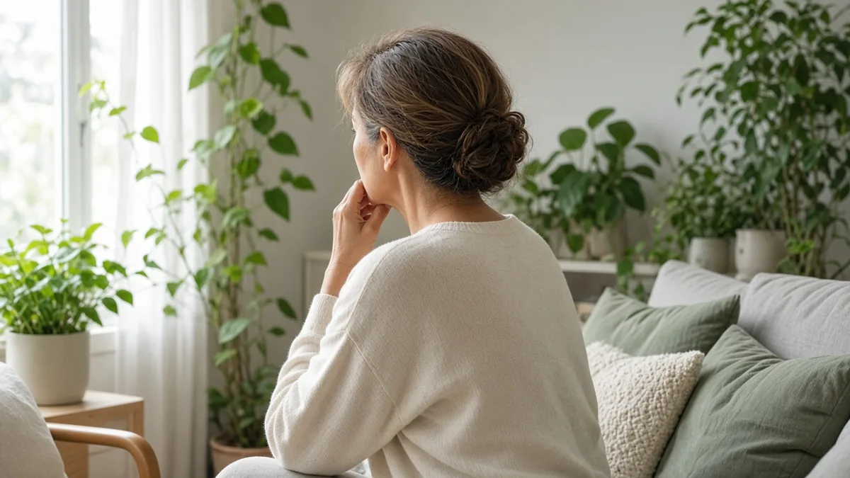 Photo d’illustration : une femme calme, vue de trois-quarts dos, la main près de l’oreille, assise dans un salon clair et apaisant