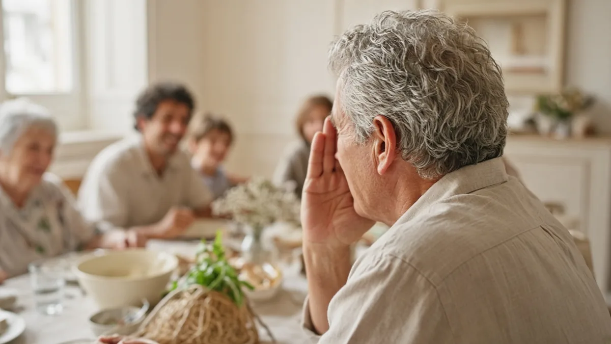 Photo d’illustration : lors d’un repas de famille, un homme aux cheveux gris, vu de dos, porte la main près de son oreille pour mieux suivre la conversation