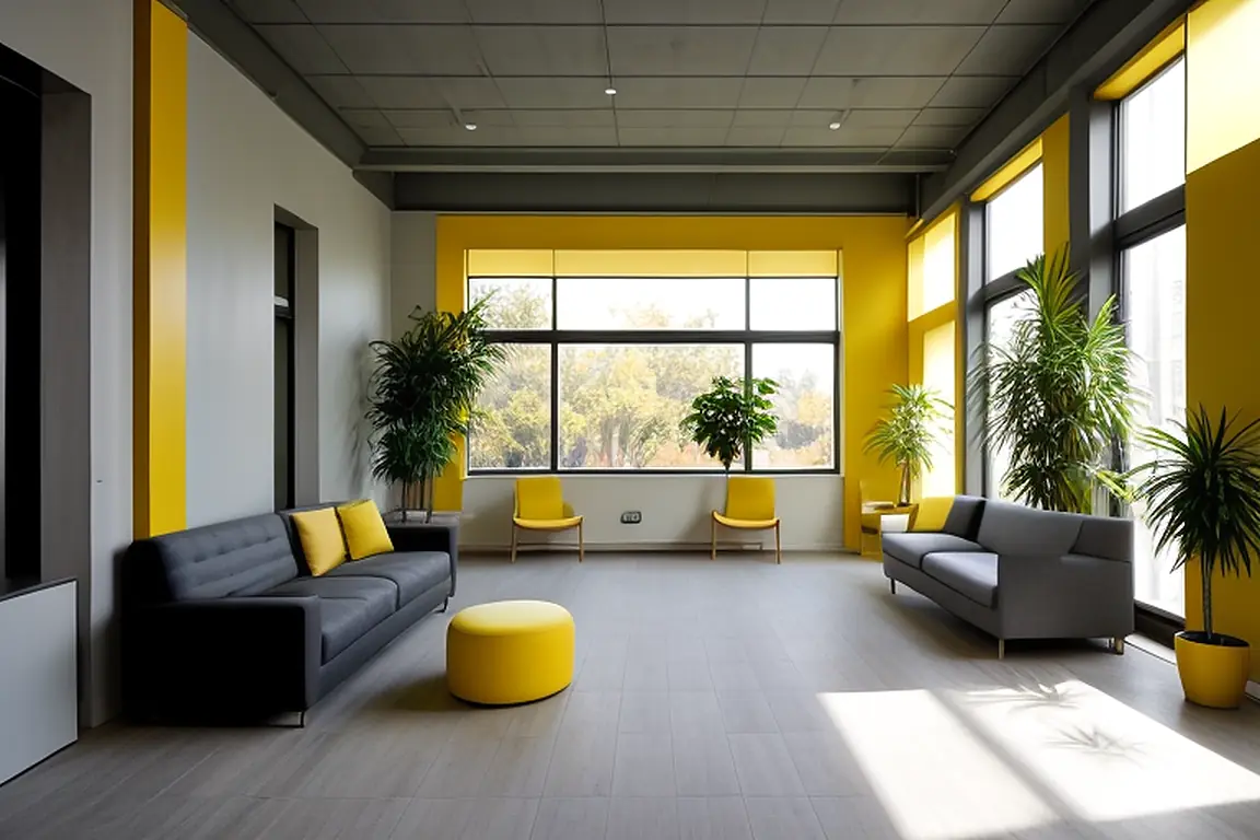 Photo d’illustration : espace d’accueil lumineux avec canapés anthracite, poufs jaunes et plantes