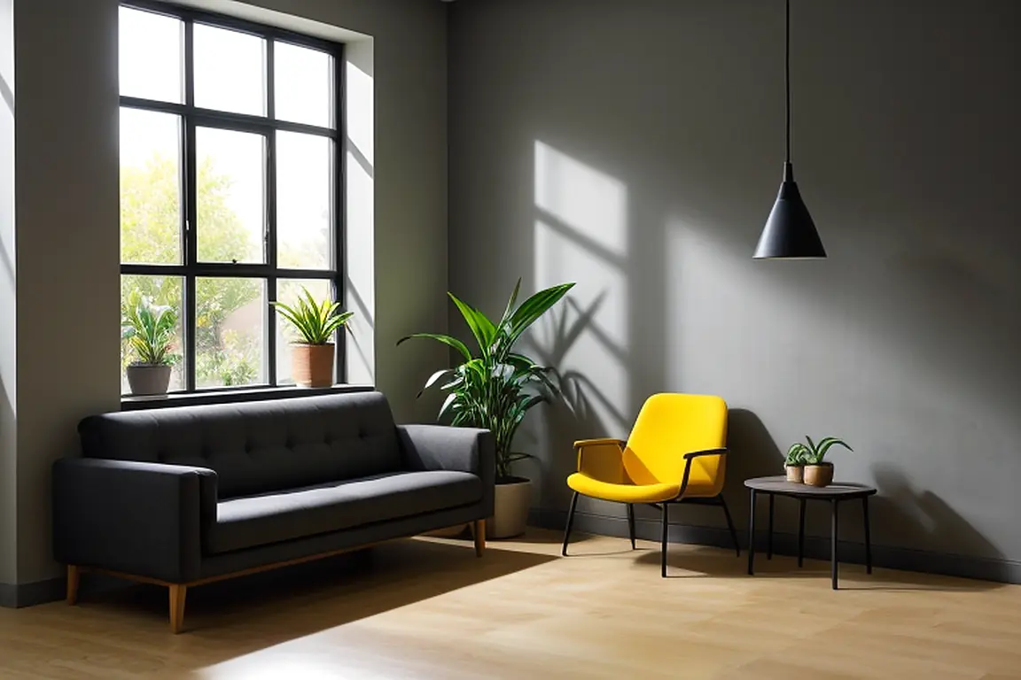 Photo d’illustration : salle d’attente chaleureuse avec fauteuils jaunes et mur anthracite