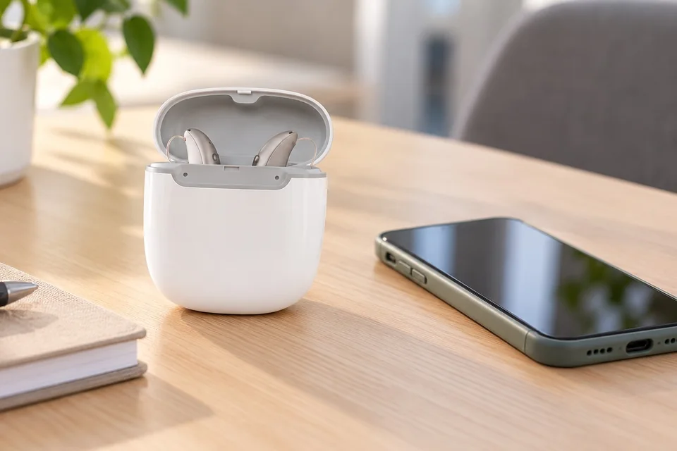 Deux aides auditives rechargeables dans leur boîtier de recharge, à côté d’un smartphone