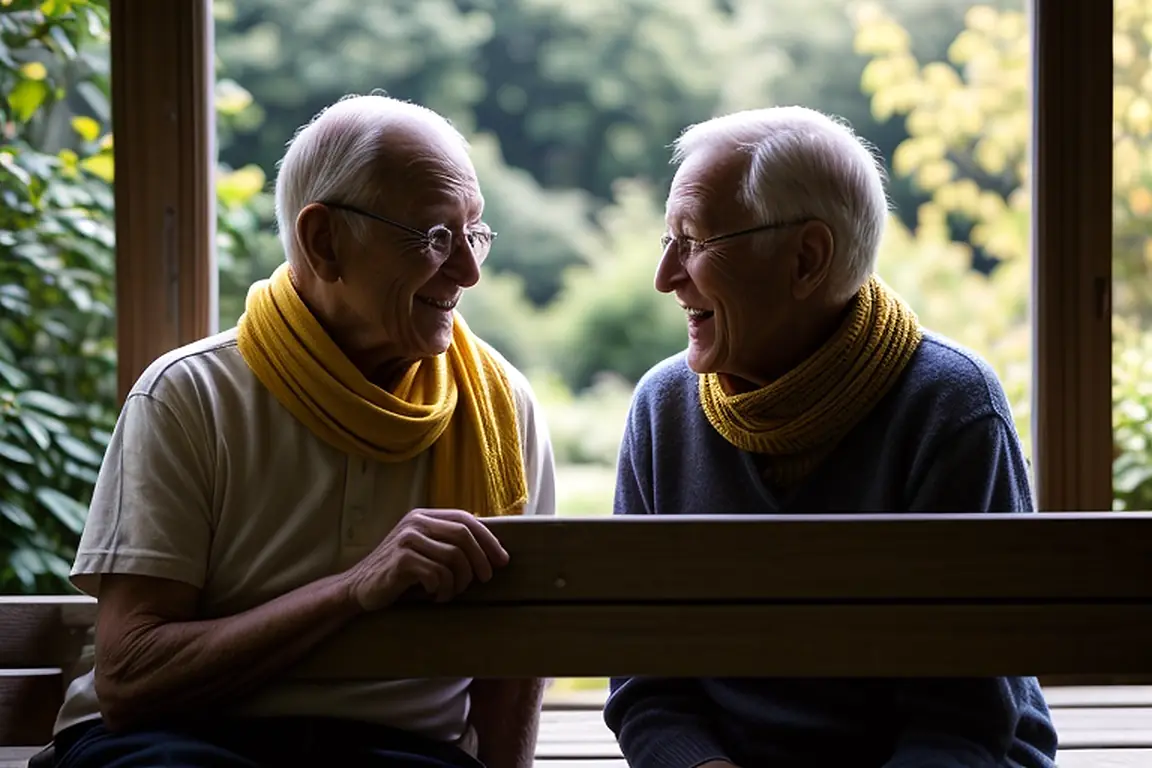 Photo d’illustration : deux hommes âgés discutent en souriant sur un banc de jardin, au soleil