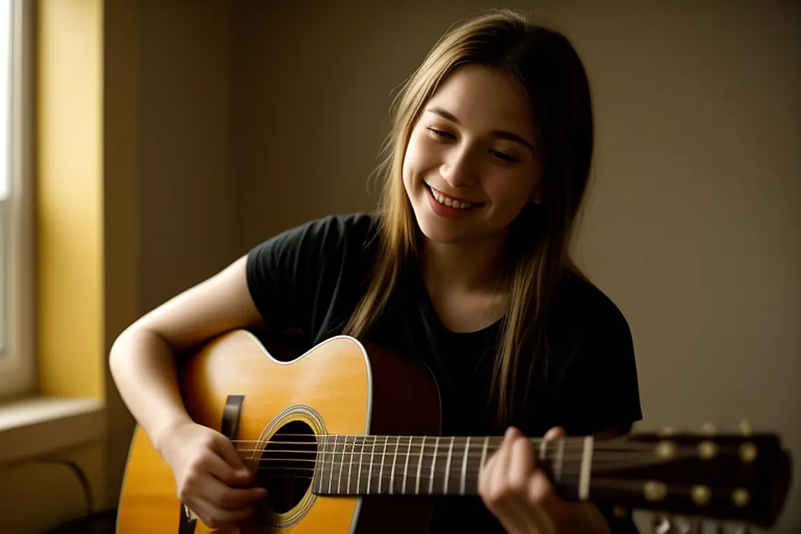 Photo d’illustration : une jeune musicienne joue de la guitare dans une salle de répétition chaleureuse
